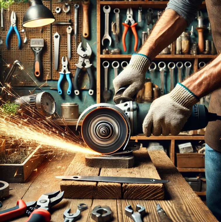 A detailed scene of someone sharpening a lawn mower blade. The person is using a bench grinder in a well-lit workshop. The lawn mower blade is secured in place, and sparks are flying as the grinder makes contact with the blade. The workshop has various tools and equipment neatly arranged in the background, with wooden shelves holding gardening tools, a workbench with different types of pliers, wrenches, and screwdrivers. The person is wearing safety goggles and work gloves for protection.