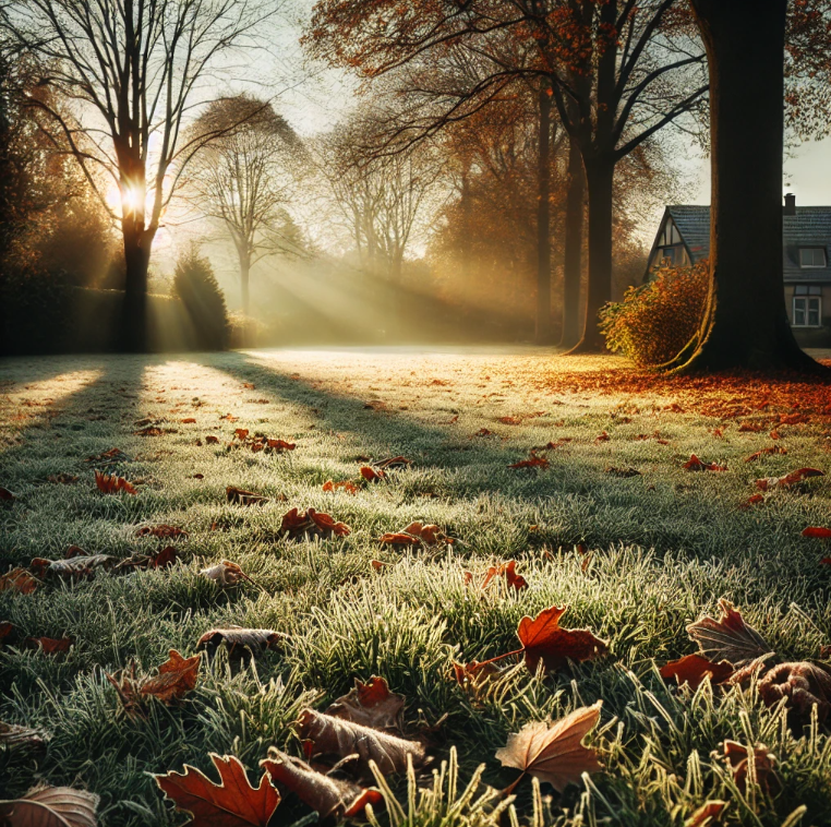 A suburban lawn just after the first frost in mid-autumn. The grass has a light layer of frost crystals, with some patches still green and others turning brown. Fallen leaves from nearby trees are scattered across the lawn, with the early morning sun casting a soft golden light over the scene. In the background, trees are losing their leaves, and there’s a faint mist rising from the cooler areas. The overall atmosphere is serene, with the chill of fall in the air.